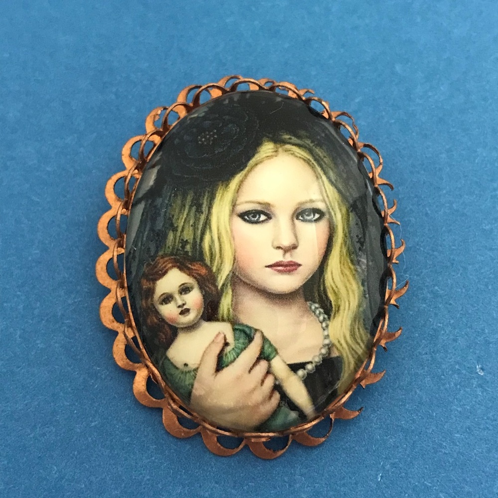 Girl Holding Doll Portrait Style Brooch Pin Copper